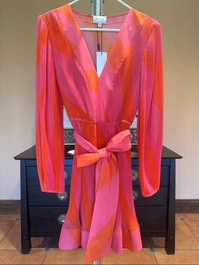 Milly Red Plissé Long-Sleeve Wrap Dress with Tie Waist